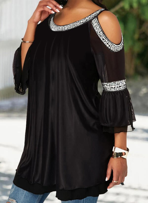 Black Cold Shoulder 3/4 Sleeves Casual Plus Size Blouse