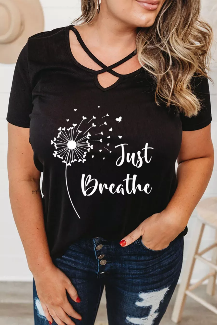 Black Just Breathe Heart Dandelions Print Plus Size T-Shirt