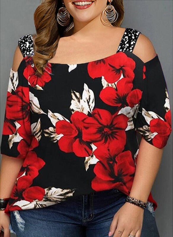 Black and Red Floral Print Sequins Cold Shoulder 3/4 Sleeves Casual T-shirt