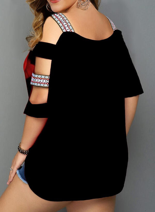 Black Plus Size Blouse With Blue and Red Floral Print Cold Shoulder