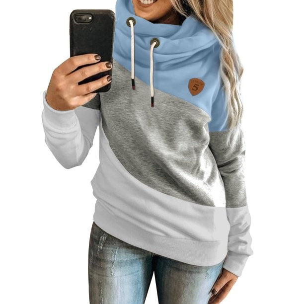 Blue Colorblock Cowl Neck Pullover Hoodie