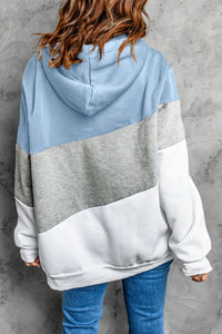 Blue Colorblock Cowl Neck Pullover Hoodie
