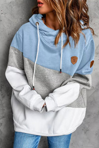 Blue Colorblock Cowl Neck Pullover Hoodie