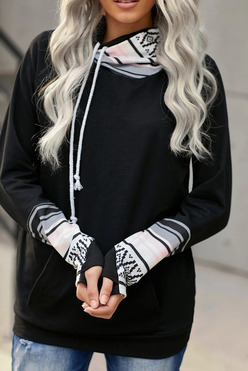 Black Double Hoods Thumb Hole Hoodie