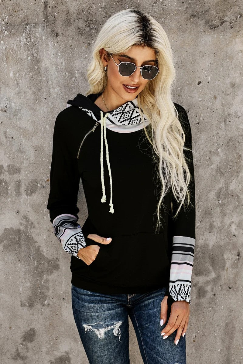 Black Double Hoods Thumb Hole Hoodie