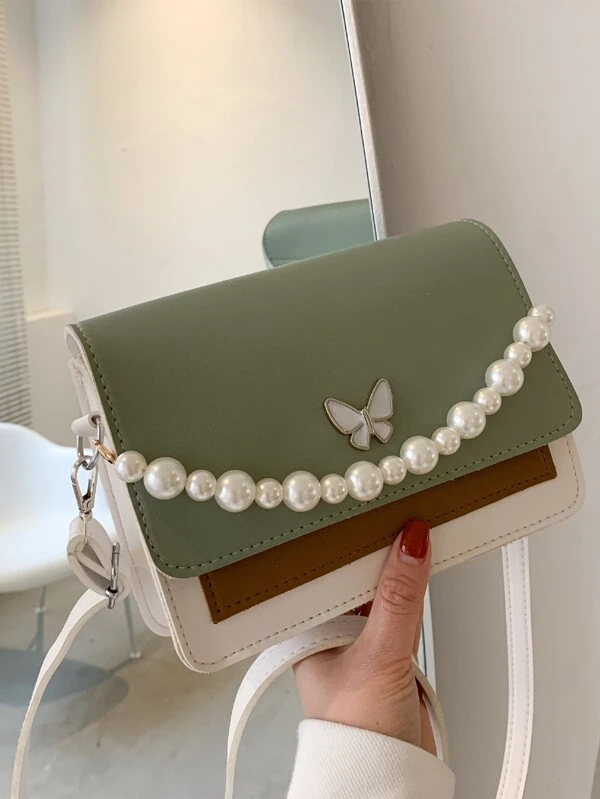 Faux Pearl Decor Flap Square Bag