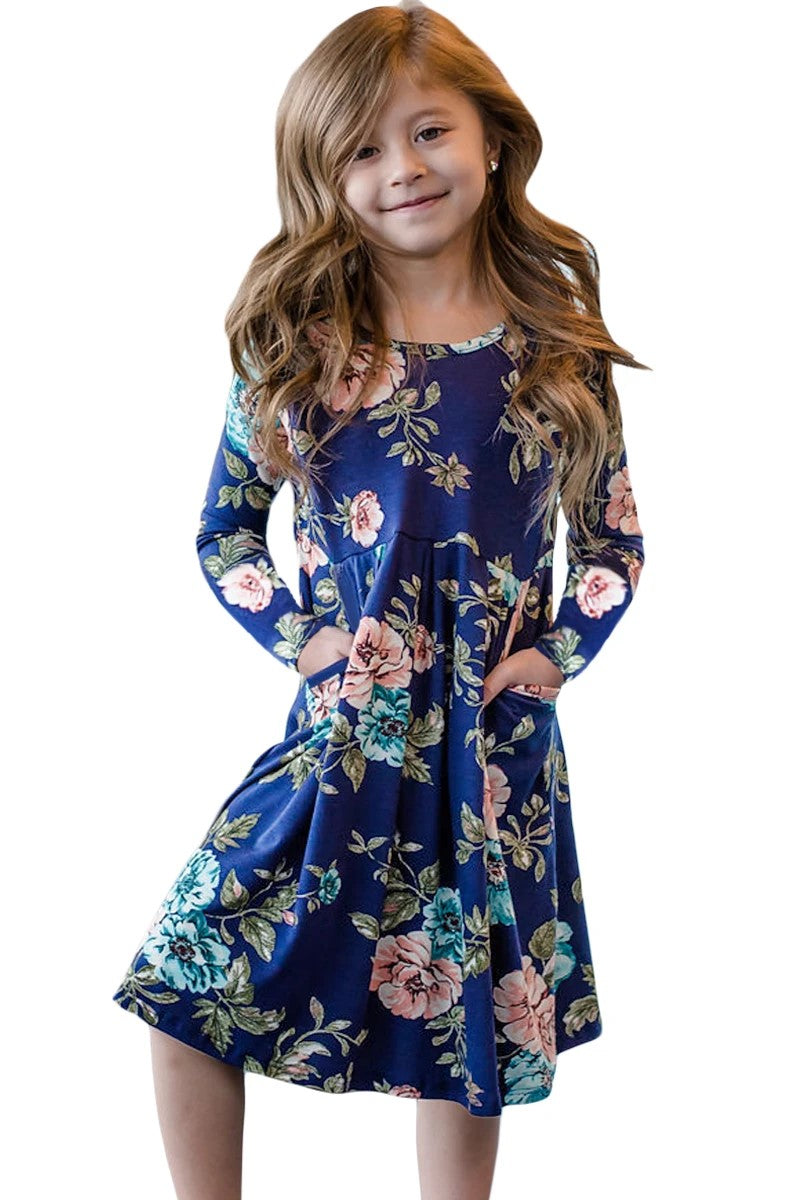 Blue Floral Swing Kids' Dress with Hidden Pockets