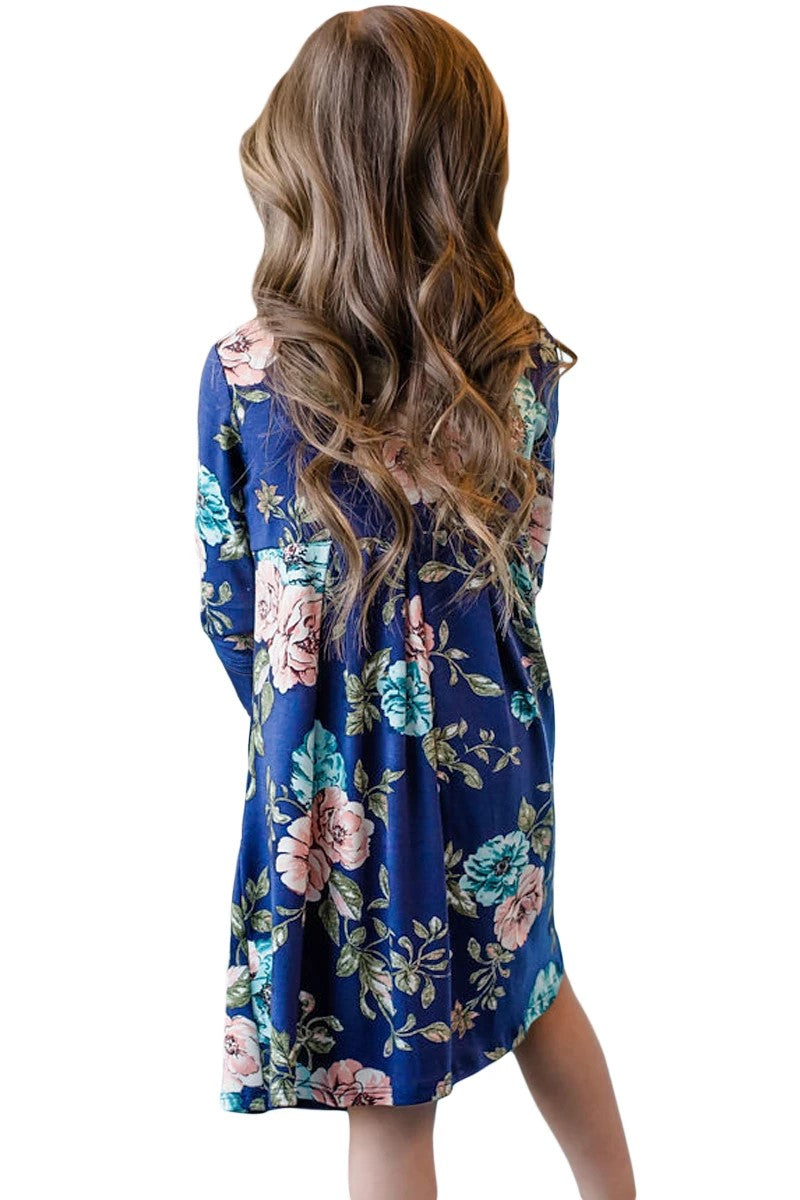 Blue Floral Swing Kids' Dress with Hidden Pockets