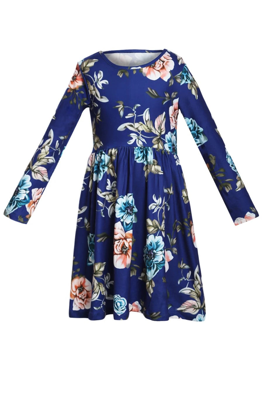 Blue Floral Swing Kids' Dress with Hidden Pockets