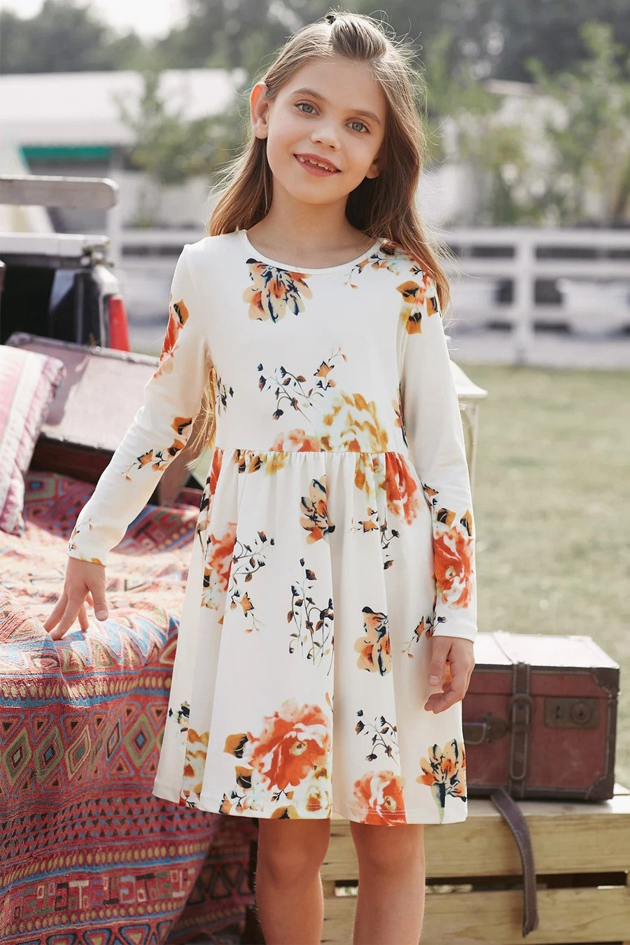 White Floral Swing Kids' Dress with Hidden Pockets