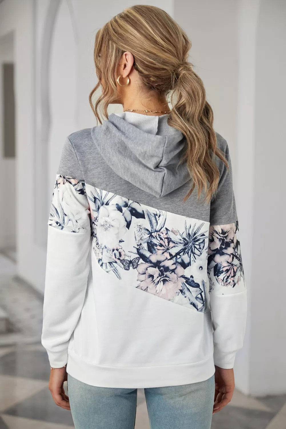 Floral Animal Print Color Block Long Sleeves Hoodie