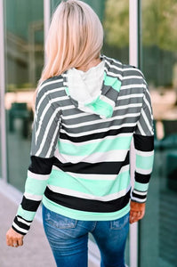 Green Striped Drawstring Long Sleeve Hoodie