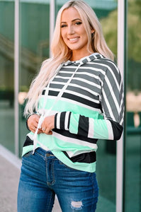 Green Striped Drawstring Long Sleeve Hoodie
