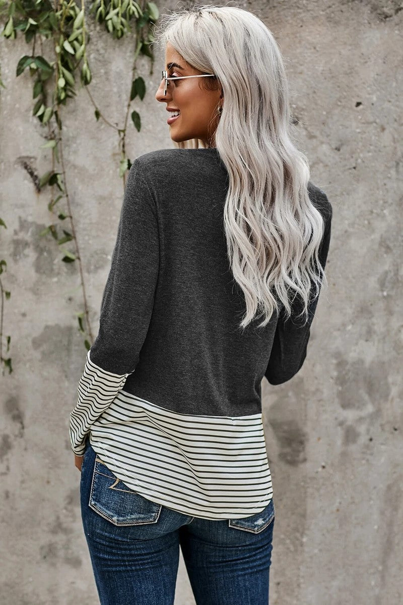 Gray Stripped Pocket Sequins Splicing O-neck Long Sleeve Top