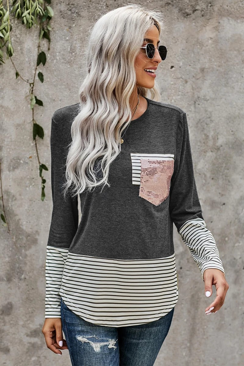 Gray Stripped Pocket Sequins Splicing O-neck Long Sleeve Top