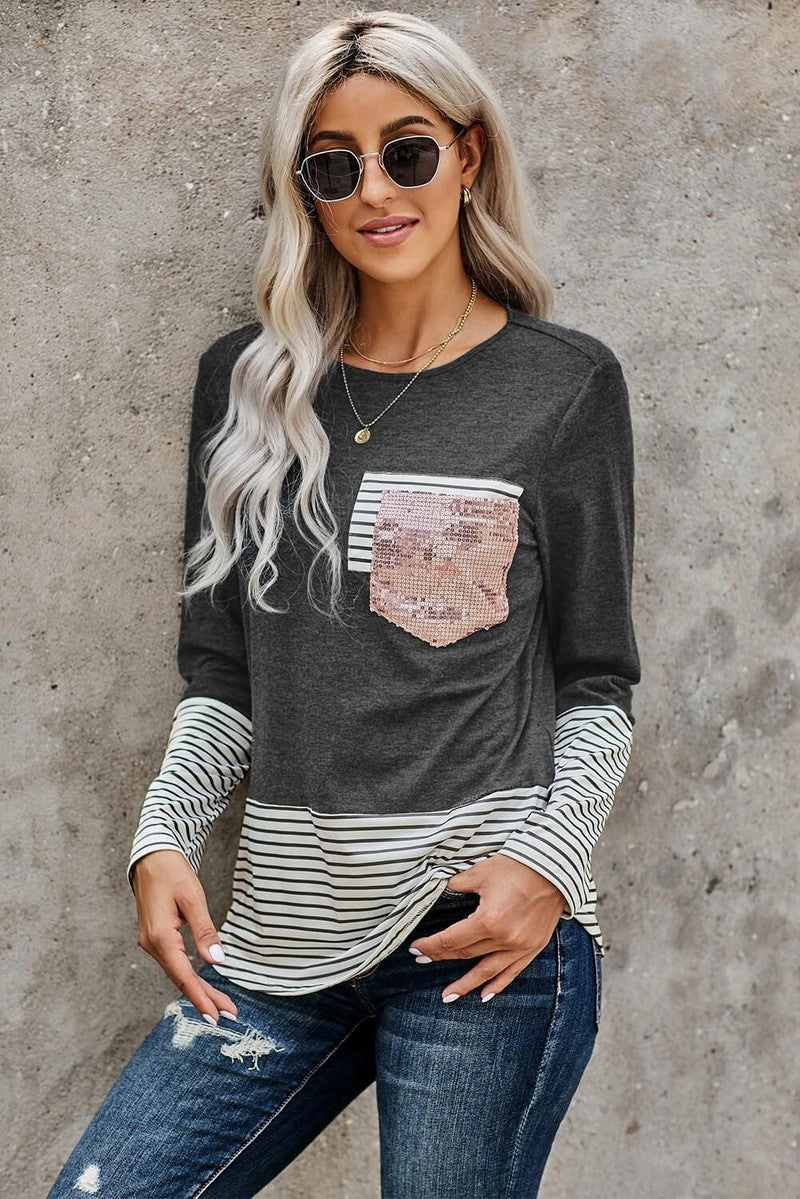Gray Stripped Pocket Sequins Splicing O-neck Long Sleeve Top