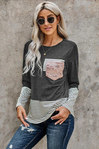 Gray Stripped Pocket Sequins Splicing O-neck Long Sleeve Top