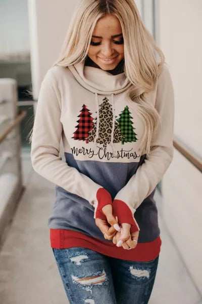 Leopard Christmas Tree Print Hoodie with Thumb Hole