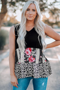 Leopard Floral Color Block V Neck Tank Top