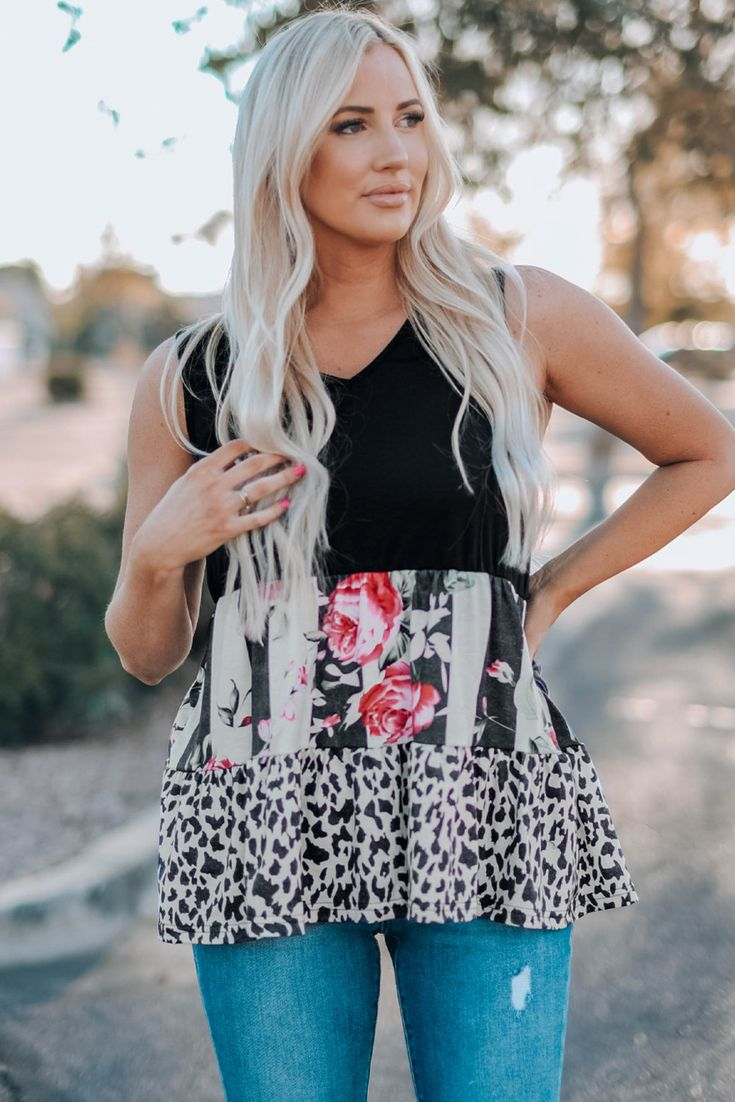 Leopard Floral Color Block V Neck Tank Top