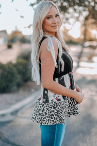 Leopard Floral Color Block V Neck Tank Top