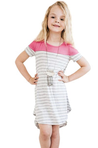 Pink Colorblock Patchwork Striped Girls’ Dress
