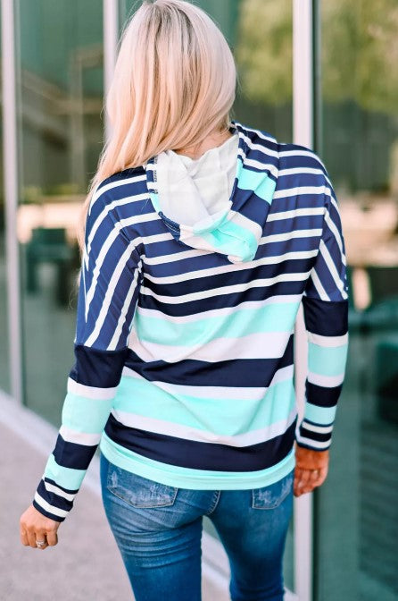 Multi Striped Drawstring Long Sleeve Hoodie