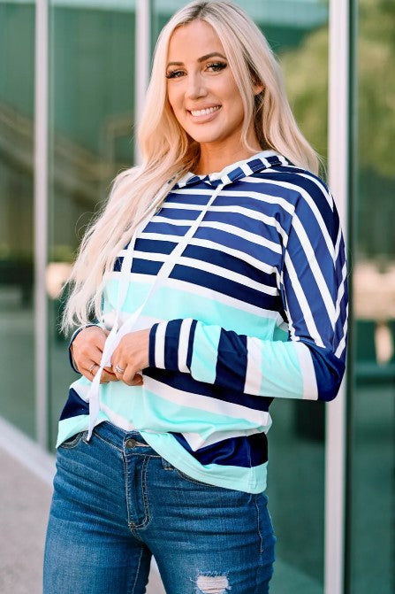 Multi Striped Drawstring Long Sleeve Hoodie