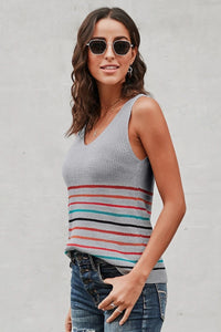 Gray Multicolor Stripes Knit Tank Top