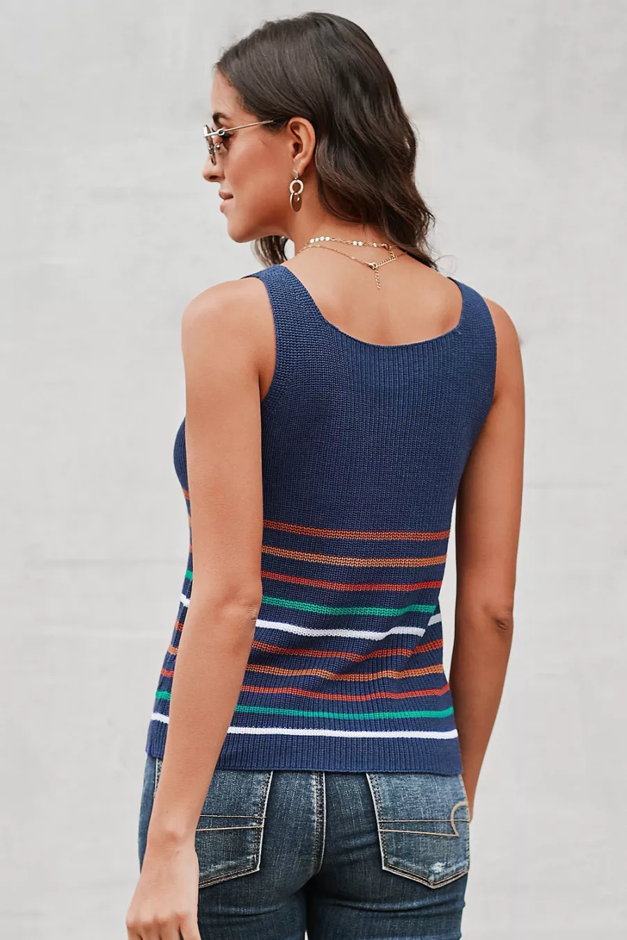 Multicolor Stripes Blue Knit Tank Top