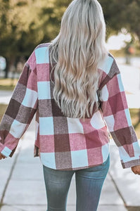 Plaid Color Block Buttoned Long Sleeve Jacket with Pocket