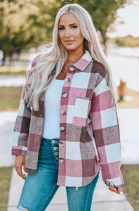 Plaid Color Block Buttoned Long Sleeve Jacket with Pocket
