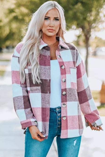 Plaid Color Block Buttoned Long Sleeve Jacket with Pocket