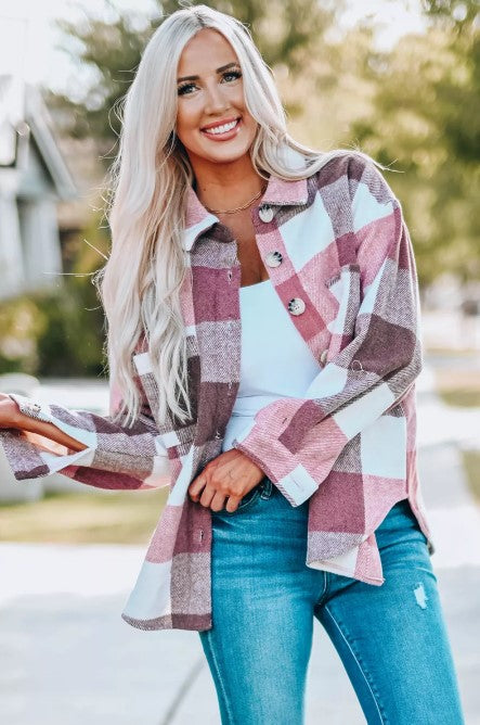 Plaid Color Block Buttoned Long Sleeve Jacket with Pocket