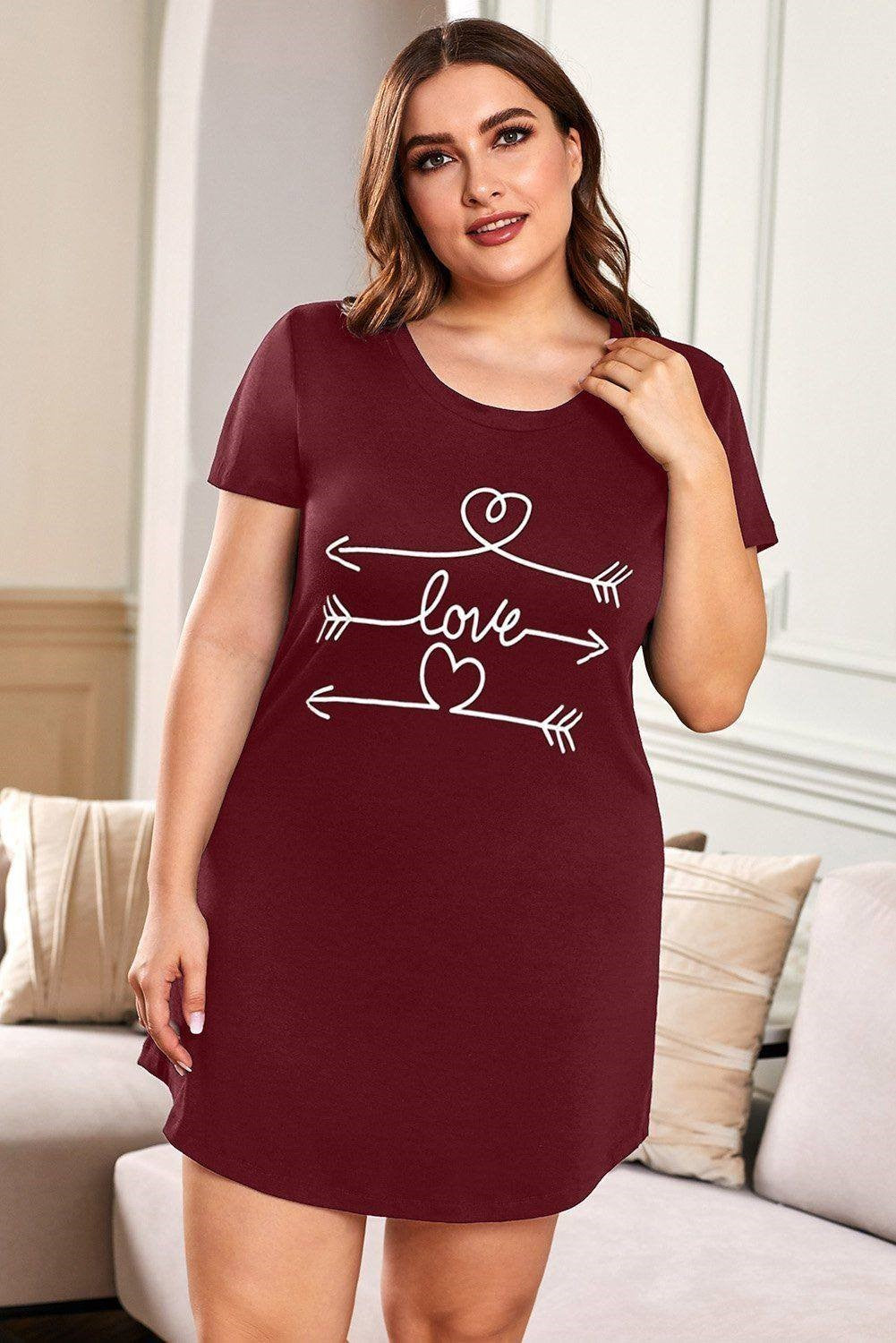 Plus Size Love Graphic Print Red Nightwear Mini Dress