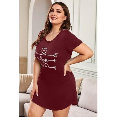 Plus Size Love Graphic Print Red Nightwear Mini Dress
