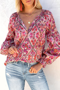 Rose Split Neckline Front Buttons Floral Print Blouse