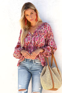 Rose Split Neckline Front Buttons Floral Print Blouse