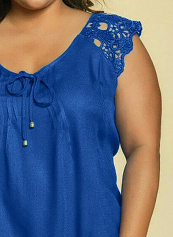 Lace Solid V-Neck Cap Sleeve Casual Plus Size Tank Top