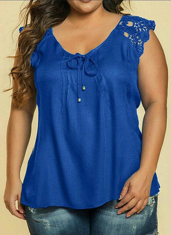 Lace Solid V-Neck Cap Sleeve Casual Plus Size Tank Top