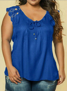 Lace Solid V-Neck Cap Sleeve Casual Plus Size Tank Top