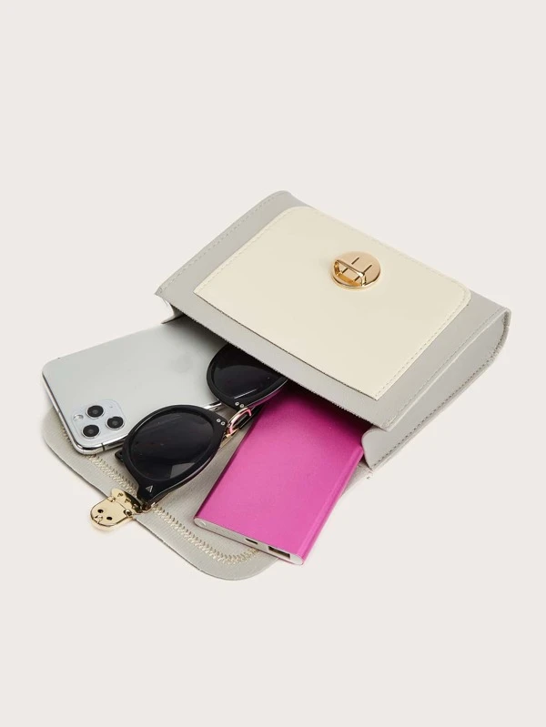 Stitch Trim Color Block Push Lock Chain Bag