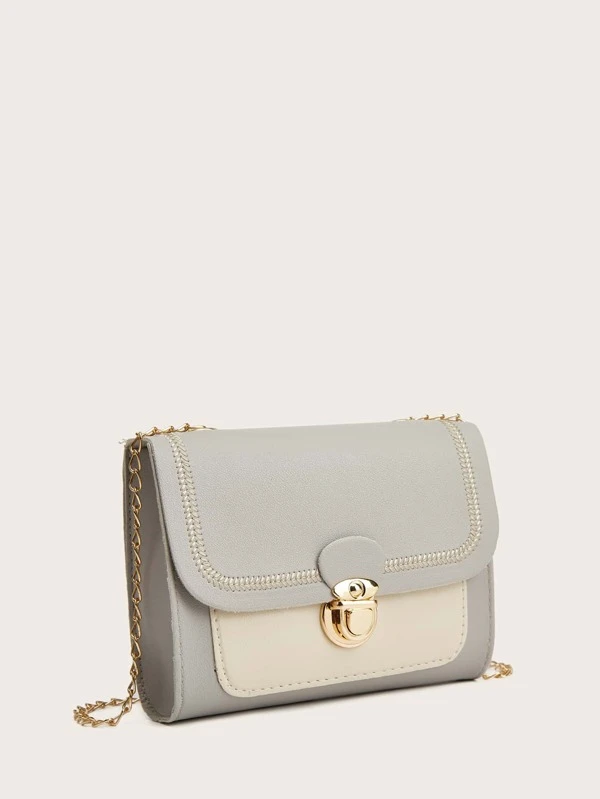 Stitch Trim Color Block Push Lock Chain Bag