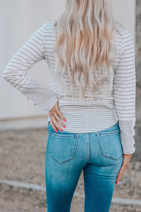 Striped Lace Buttons Splicing Long Sleeve Top