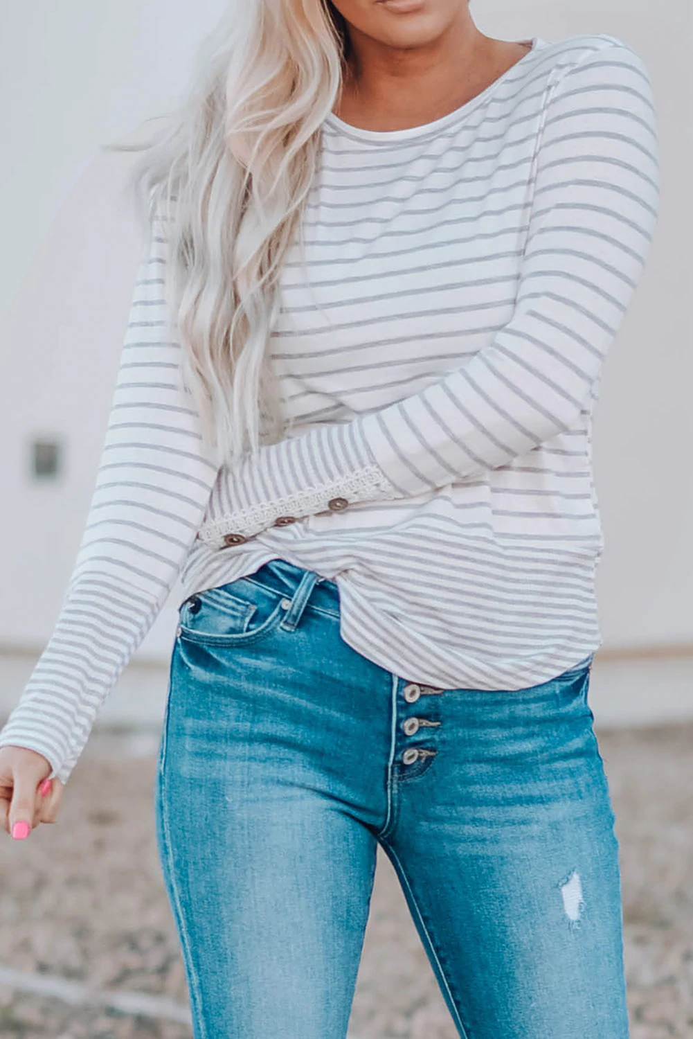 Striped Lace Buttons Splicing Long Sleeve Top