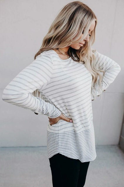 Striped Lace Buttons Splicing Long Sleeve Top