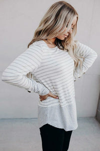 Striped Lace Buttons Splicing Long Sleeve Top