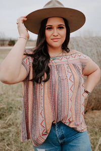 Tribal Geometric Print Plus Size Short Sleeve Top