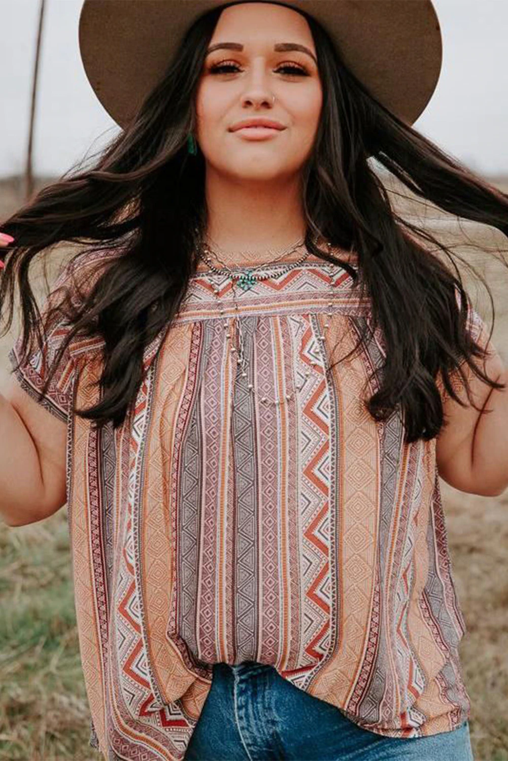 Tribal Geometric Print Plus Size Short Sleeve Top