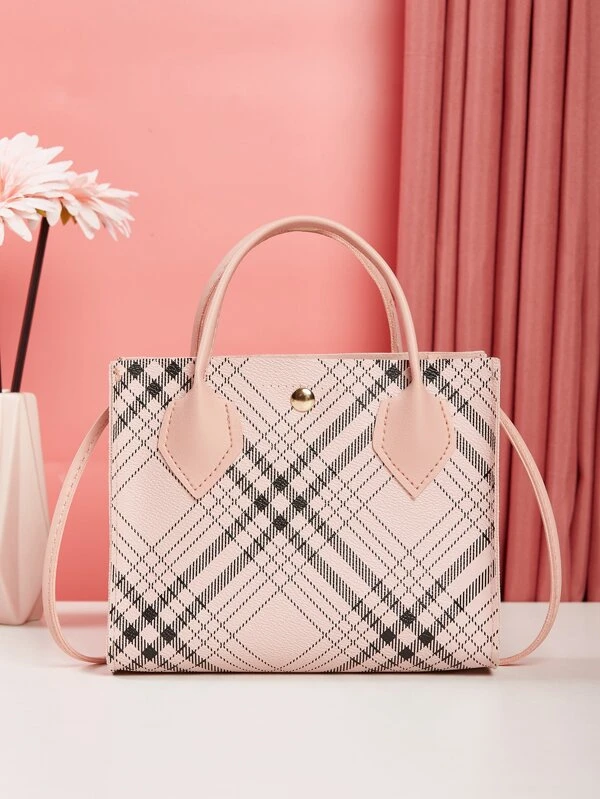 Tartan Pattern Double Handle Satchel Bag